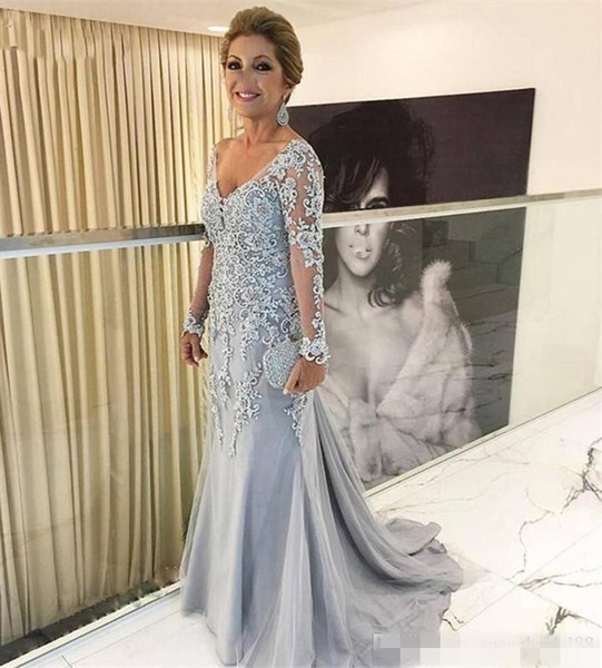 Generous V Neck Mother of the Bride Dresses Mermaid Tulle Lace Applique Evening Gowns Long Sleeves Prom Dresses..