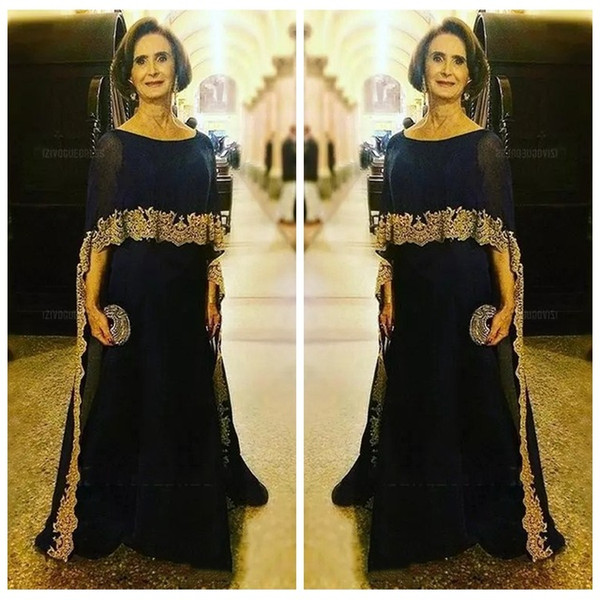 Modest Dark Navy Slim Mother Dresses With Gold Lace Appliques Long Formal Bride's Mother Maxi Party Gowns Cheap Vestidos