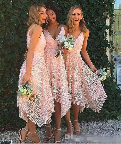 New Style Elegant Tea Length Blush Pink Lace Bridesmaid Dress Irregular Hem V Neck Maid of Honor Country Wedding Guest Gowns