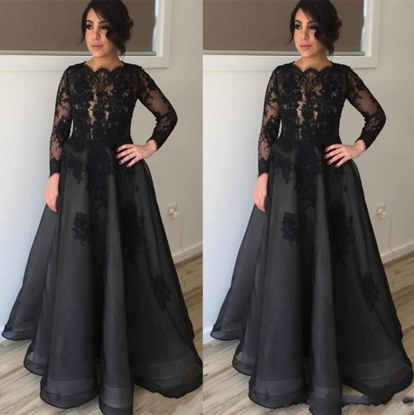 Elegant Black Long Sleeves Mother Of the Bride Dresses Lace Appliques Scoop Neckline Floor Length Mother Formal Evening Red Carpet Gowns