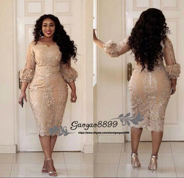 African Champagne Mother Of The Dresses Jewel Neck Applique Illusion 3/4 Sleeve Long Sleeve Evening Gowns Plus Size Mermaid Prom Dress