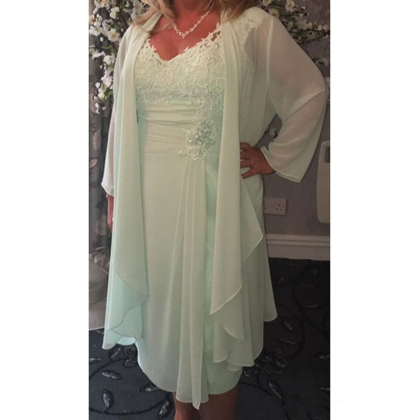 Mint Green tea length Short Mother of the Bride Dresses with Jacket Plus Size V neck formal evening gown Wedding Guest Dresses