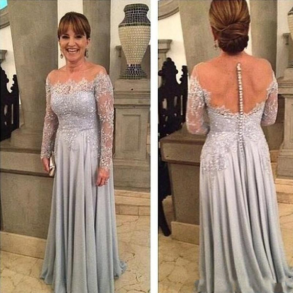 Summer Chiffon Mother Of The Bride Dresses Scoop Long Sleeve Scoop Hollow Back Sweep Train Beaded with Lace Appliques Plus Size DTJ