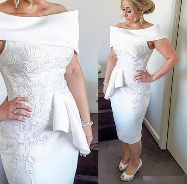 Summer Elegant White Sheath Appliques Ruffle Short Formal Wear Mother's Dresses Party Prom Wear Bateau Tea Length