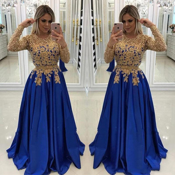 Elegant Gold lace long sleeve mother of the bride dress jewel neck royal blue satin floor lengthformal mother of groom gowns plus size