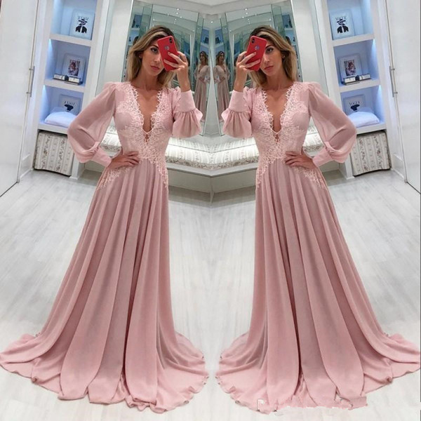 Elegant Chiffon Mother Of The Bride Dresses Deep V Neck Long Sleeves Lace Applique Floor Length For Weddings Party Evening Prom Gowns