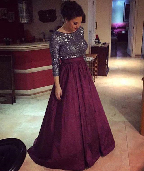 Cheap elegant plus size mother of the bride dresses burgundy 3/4 long sleeves sequined formal evening prom gowns Wedding Guest Dresse