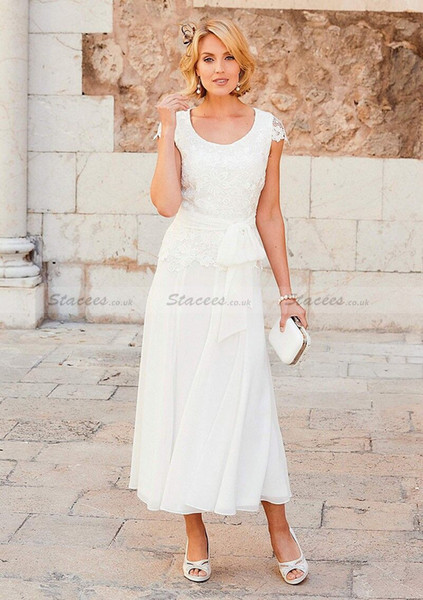 Summer White Chiffon Mother Of The Bride Dresses Cap Sleeveless Scoop Tea Length with Lace Appliques Plus Size DTJ