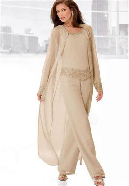 Bridal Mother Suit Champagne Chiffon Mother's Formal Summer Long Sleeves Jacket Plus Size Scoop Beads Crystal Pants Cheap