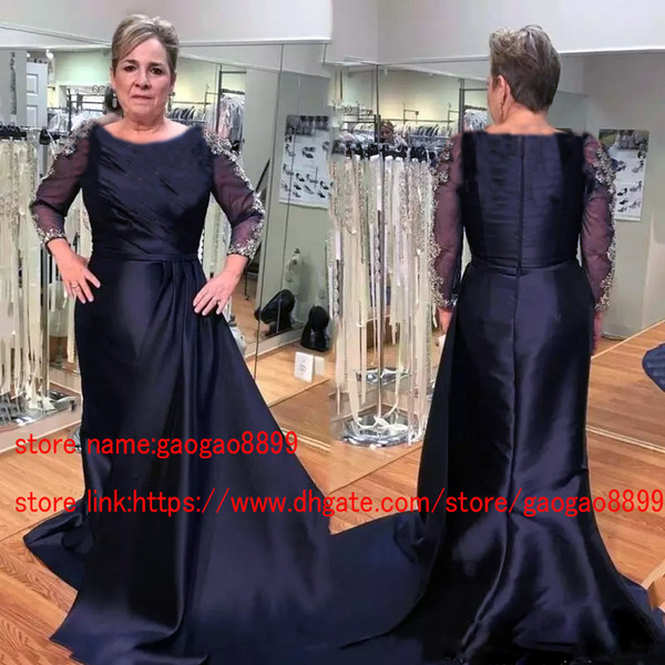 Unique designer Navy blue Mother of the Bride Dresses Long Sleeve modest jewel Neck gold lace plus size formal Evening gowns groom Mother