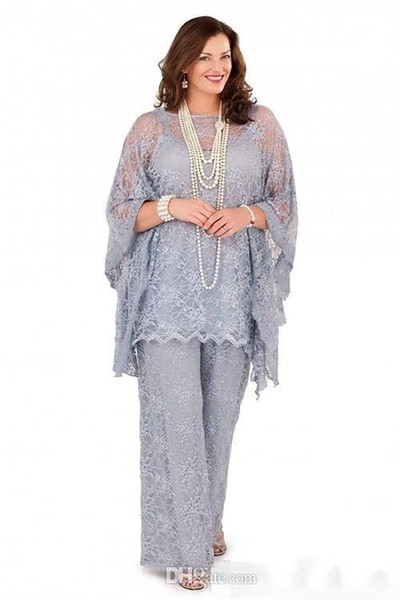 Plus Size Mother of the Bride Pant Suits Long Sleeves Three Pieces Silver Gray Formal Women Groom Lace Mother Dresses DTJ