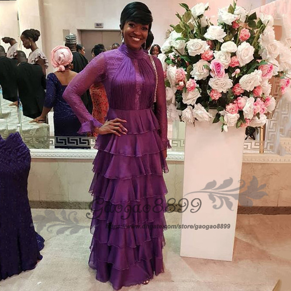 Elegant purple lace long sleeve mother of the bride dress high Collar tiered cake skirt floor length formal evening prom gowns plus size