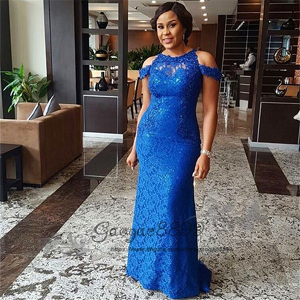 Modest royal blue Plus Size Mother Of The Bride Dresses Nigerian lace jewel neck floor length sheath african formal Evening gowns