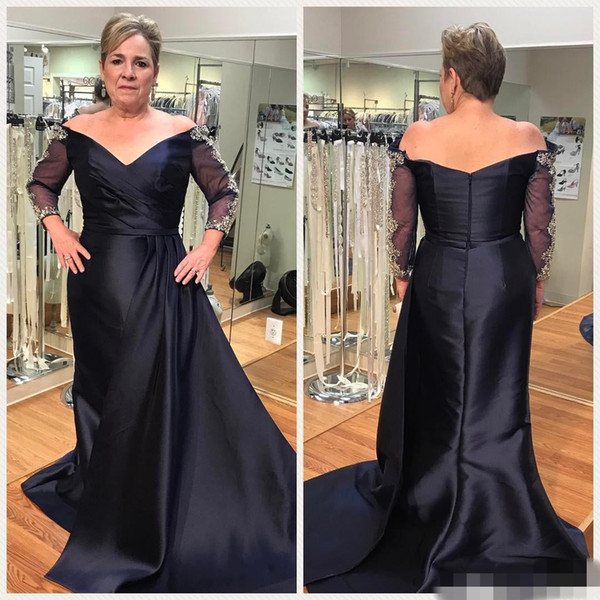 Navy blue Mother of the Bride Dresses Long Sleeve modest V Neck Off Shoulder Satin plus size formal Evening gowns groom Mother