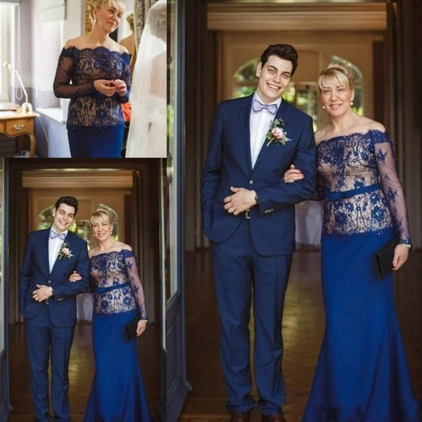 Royal blue Lace Mother of the Bride Dress Long Sleeve Bateau floor length dress evening wear Wedding Guest Dress