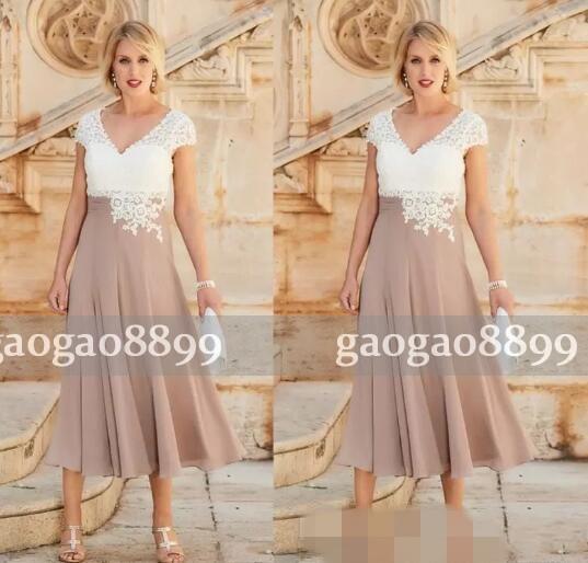 Modern Lace Chiffon Mother of Bride Groom Dresses A Line Cap Sleeves V Neck Tea Length Mother Formal Evening Party Gowns