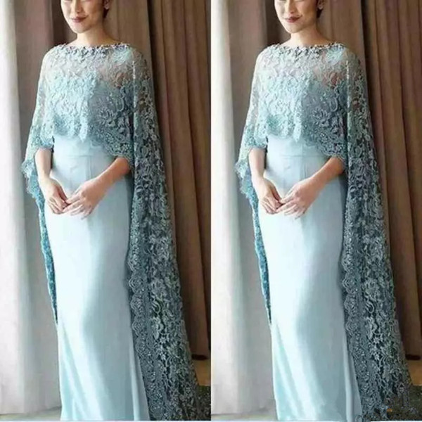 elegant Dubai Kaftan Ice blue Lace Cape mother's dresses jewel neck mother of the bride groom dress celebrity evening party gowns wear