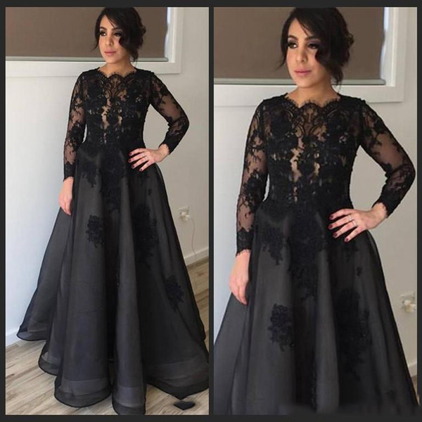 Chic black mother of the bride dress lace long sleeves scoop floor length sheer bodice formal mother of groom gowns plus size