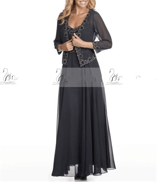 Chiffon Cheap Mother Of the Bride Dresses Lace Collar Sleeveless with Jacket Custom Made Formal Evening Dresses