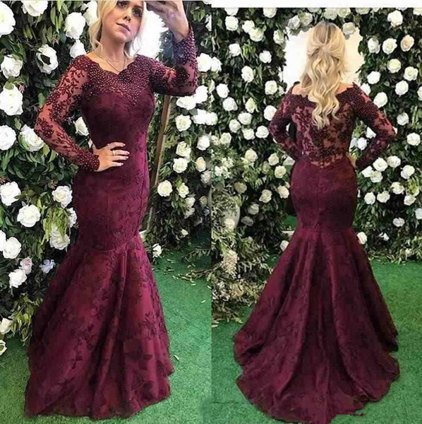 Classy burgundy Lace long sleeves mermaid Mother Of The Bride Dresses luxury Bead Plus Size scoop celebrity wedding formal Evening Gowns