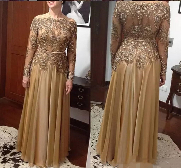 Elegant Gold A Line Lace Beads Mother of the Bride Dresses Long Sleeves Chiffon Floor-length Zipper Back Formal Evening Dresses