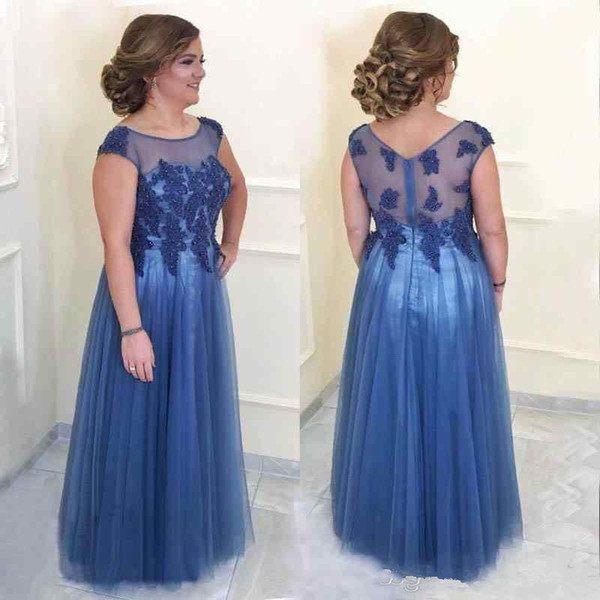 Blue Illusion Mother Of The Bride Dresses Sheer Straps Beads Appliques Tulle Floor Length Long Plus Size Formal Wear Mother's Dresses