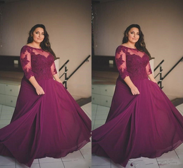 Plus Size Burgundy Prom Dresses Lace Applique Half Long Sleeve Evening Gowns Sheer Neck Chiffon A Line Formal Party Dresses Custom Made