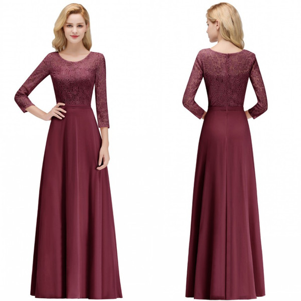 Burgundy Hot Mother of the Bride Dresses Crew Neck Lace Long Sleeve Illusion Appliques Prom Gowns Evening Bridesmaids Dress bm0056