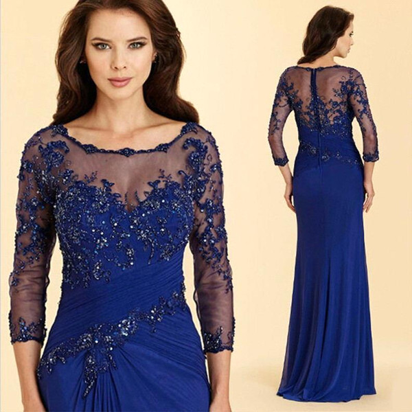 Modest Royal Blue Mother Dresses Appliques Beaded Sheer Long Sleeve Mother of the Birde Dresses Women Formal Wear BC1862