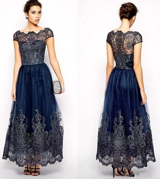 Vintage Mother of Bride dresses Cap Sleeves Plus Size Navy Blue Lace Appliques Ankle Length Women Formal Bridesmaid Gowns BC0677