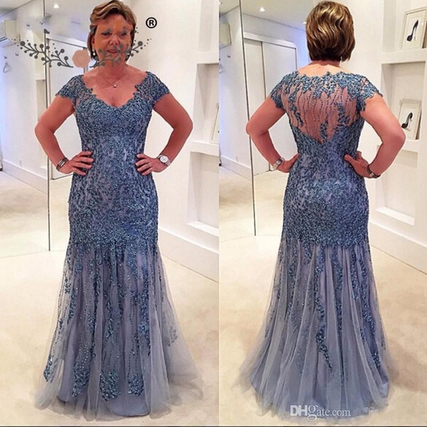 New Lace Beaded Appliques Mother of the Bridal Dresses V-neck Illusion Back Short Sleeves Column Elegant Mother of the Bridal Dresses BC0769