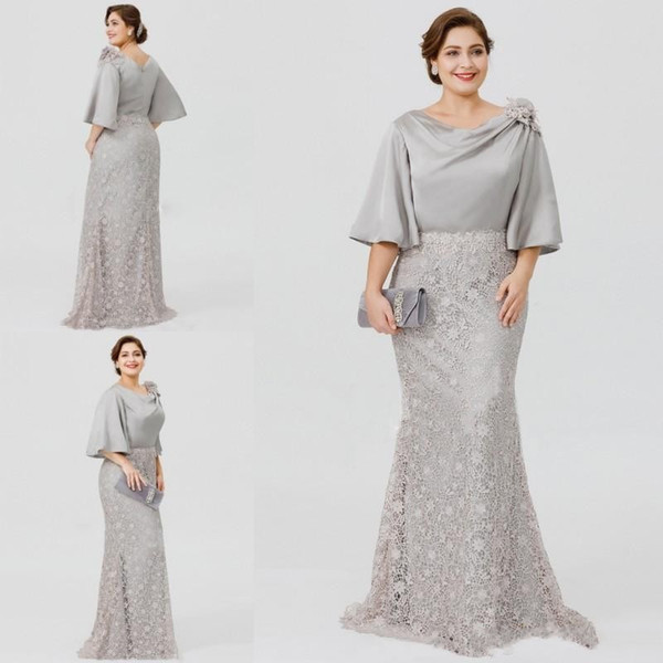 Plus Size Silver Elegant Mother Of The Bride Dresses Half Sleeve Lace Mermaid Wedding Guest Dress Plus Size Formal Evening Gowns