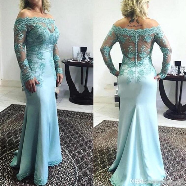 Lake Blue Elegant Bateau Mother Dresses Long Sleeve Lace Appliques Floor Length Mother of the Bride Dresses BC1930