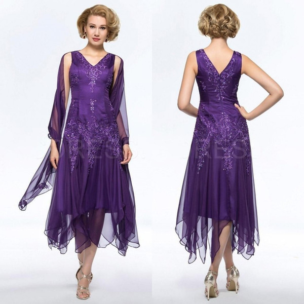 Modest Purple Chiffon Tea-length Mother Of The Bride Dresses with Wrap Plus size V-neck Hollow Back Mother's Dresses