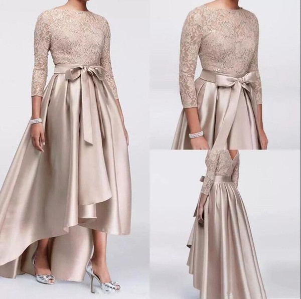 Modest Champagne Mother Dresses with Bow Sash Lace Appliques Hi-Lo Mother of the Birde Dresses Women Formal Wear BC0449