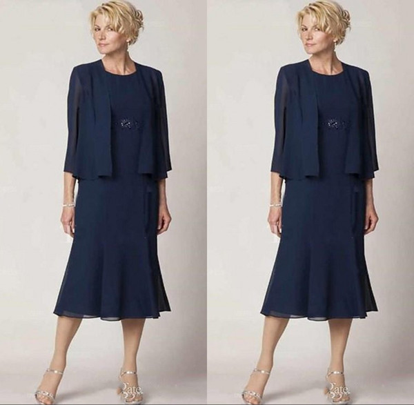 Vintage Navy Blue Chiffon Mother Dresses with Long Sleeve Jacket Tea Length Mother of the Birde Dresses Women Formal Wear