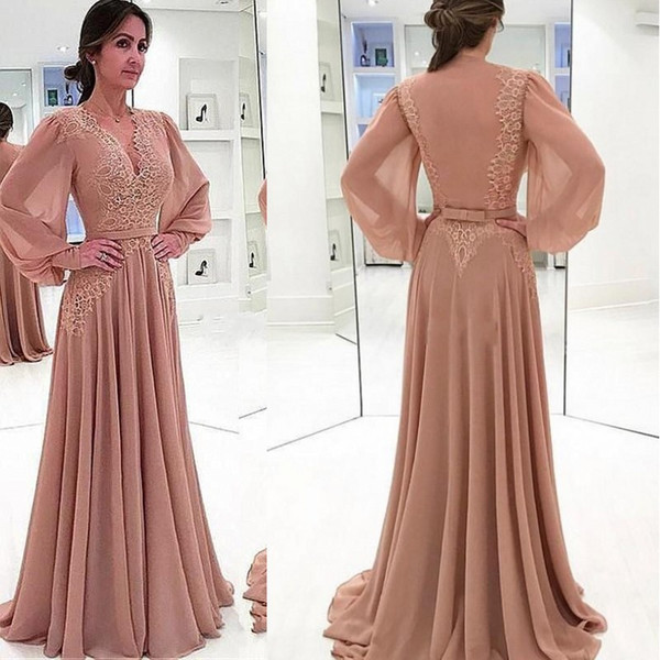 New Mother Of The Bride Dresses Long Sleeve V Neck Illusion Bodice Chiffon Appliques Sash Women Evening Party Gowns Plus Size