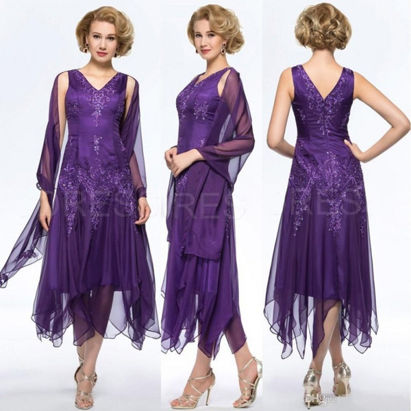 Vintage Grape Chiffon Tea Length Mother Of The Bride Groom Dresses with Wrap Plus size V-neck Hollow Back Evening Gowns BC1735