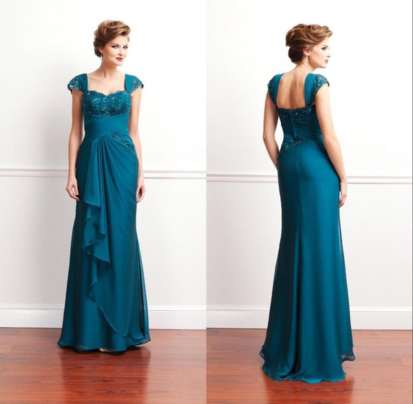 Modest Peacock Blue Mother Dresses Sheath Floor Length Capped Mother of the Bride Dresses Beads Women Formal Wear BC1840