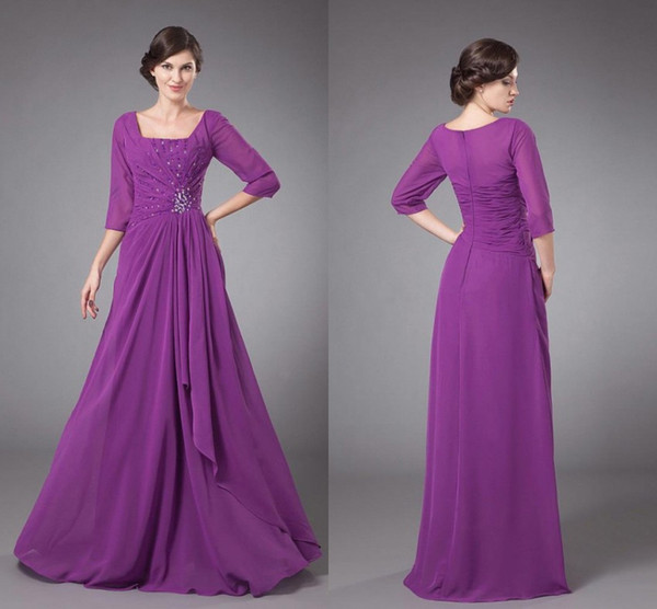 Purple Mother Dresses Vintage Half Sleeve A Line Square Neck Pleats Chiffon Long Mother Evening Gowns Formal BC1269