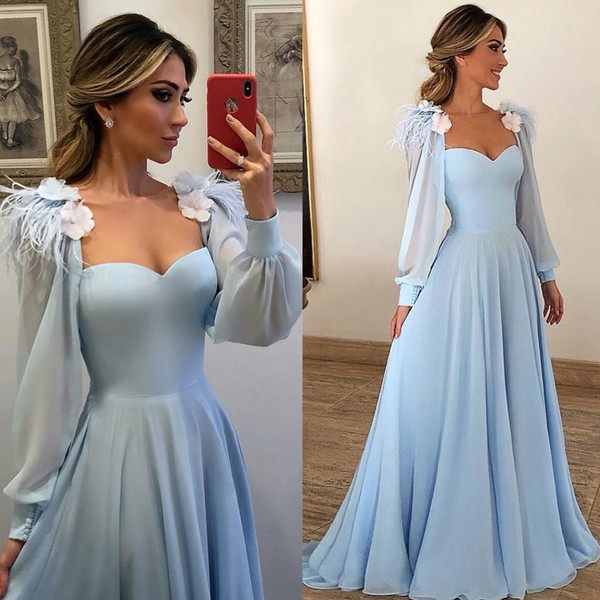 Sky Blue Poet Long Sleeves Mother of Bride Groom Dresses Formal Evening Gowns A Line Square Neckline Flower Chiffon Long Party Prom Gowns