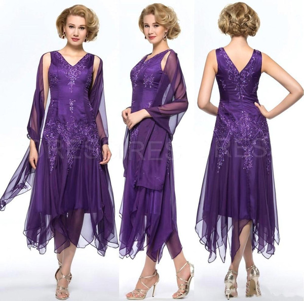 Elegant Purple Tea Length Mother of Bride Dresses A Line V Neck Appliques Pleats With Sheer Wrap Mother Formal Evening Gowns BC1735