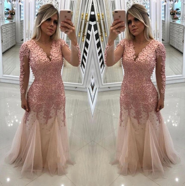 Modest Pink Long Sleeves Mother of Bride Groom Dresses Beaded Pearls Top Illusion Long Sleeves Mermaid Evening Prom Gowns BC0153