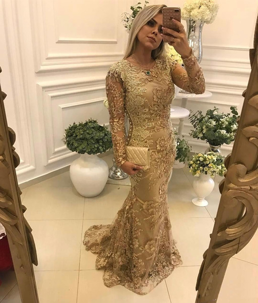 Gold Lace Beaded Vintage Mother Dresses Mermaid Long Sleeve Evening Prom Dresses Formal Charming Pageant Party Gowns BC1290