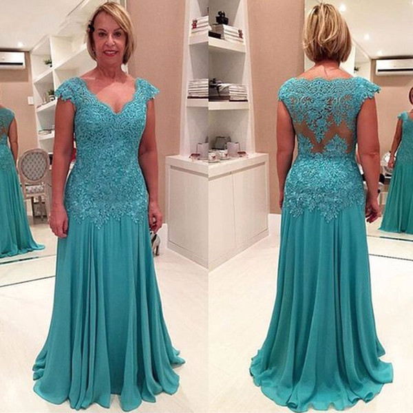 Aqua Plus Size Lace Chiffon Mother of Bride Groom Dresses Cap Sleeves A Line V Neck See Through Mother Evening Gowns Custom Made