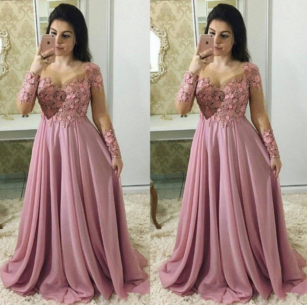 Fashion Flowers Lace Applique Mother Of The Bride Dresses With Long Sleeves Sheer Jewel Neck Wedding Guest Dress Plus Size Evening Gowns