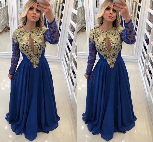 Vintage Royal Blue with Gold Appliques Long Sleeves Mother Dresses A Line Keyhole Neck Floor Length Evening Gowns Formal Mother of Bride