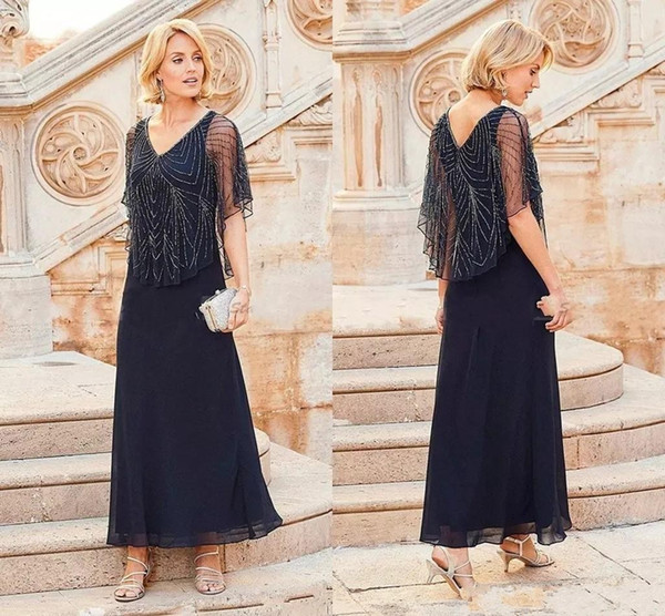 New Mother Off Bride Groom Dresses Chiffon Navy Blue V Neck Beadings Cap Sleeves Ankle Length Mother's Formal Gowns BA9442