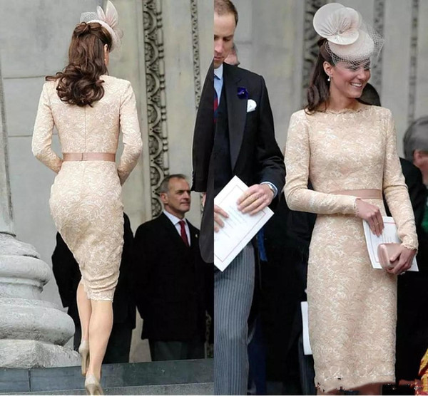 Elegant Kate Middleton Champagne Short Evening Dresses for Women Wear Knee Length Lace Long Sleeve Celebrity Cocktail Formal Gowns BC1434