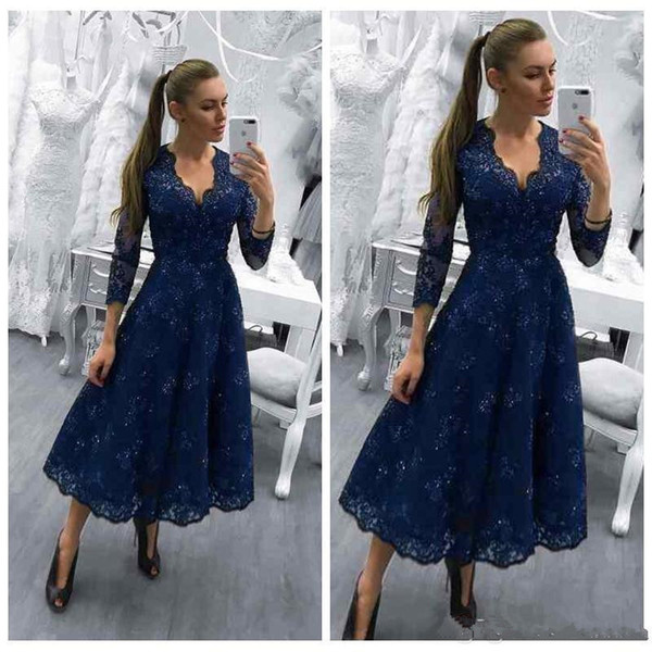 Navy Blue Lace Mother of the Bride Dresses Beaded A-Line V-Neck 3/4 Long Sleeve Short Women Wear Evening Wedding Guests Dress M011